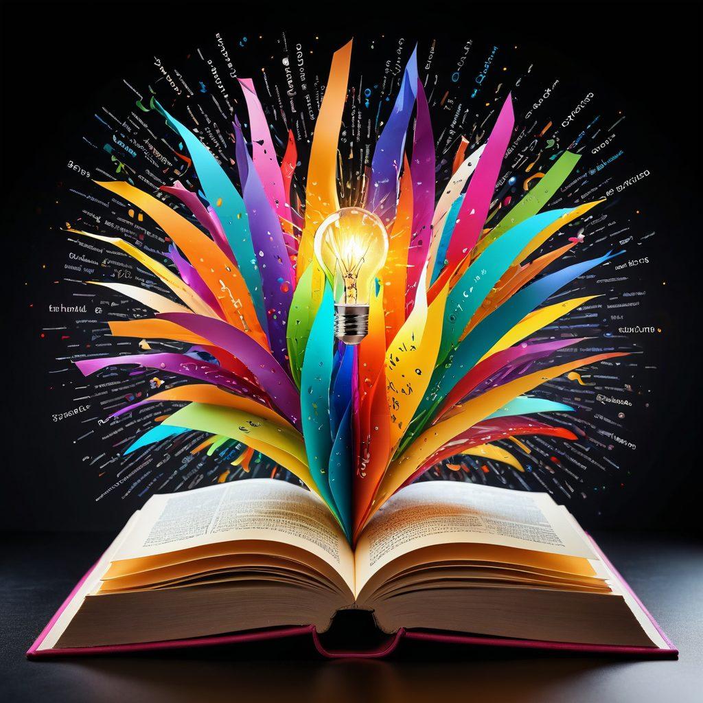 A vibrant, open book with colorful pages fluttering in the wind, surrounded by an explosion of words in various languages, symbolizing synonyms and antonyms. A glowing light bulb hovers above the book, signifying creativity and inspiration in writing. The background features a lush, imaginative landscape with quills and ink pots, inviting writers into a world of words. super-realistic. vibrant colors. white background.