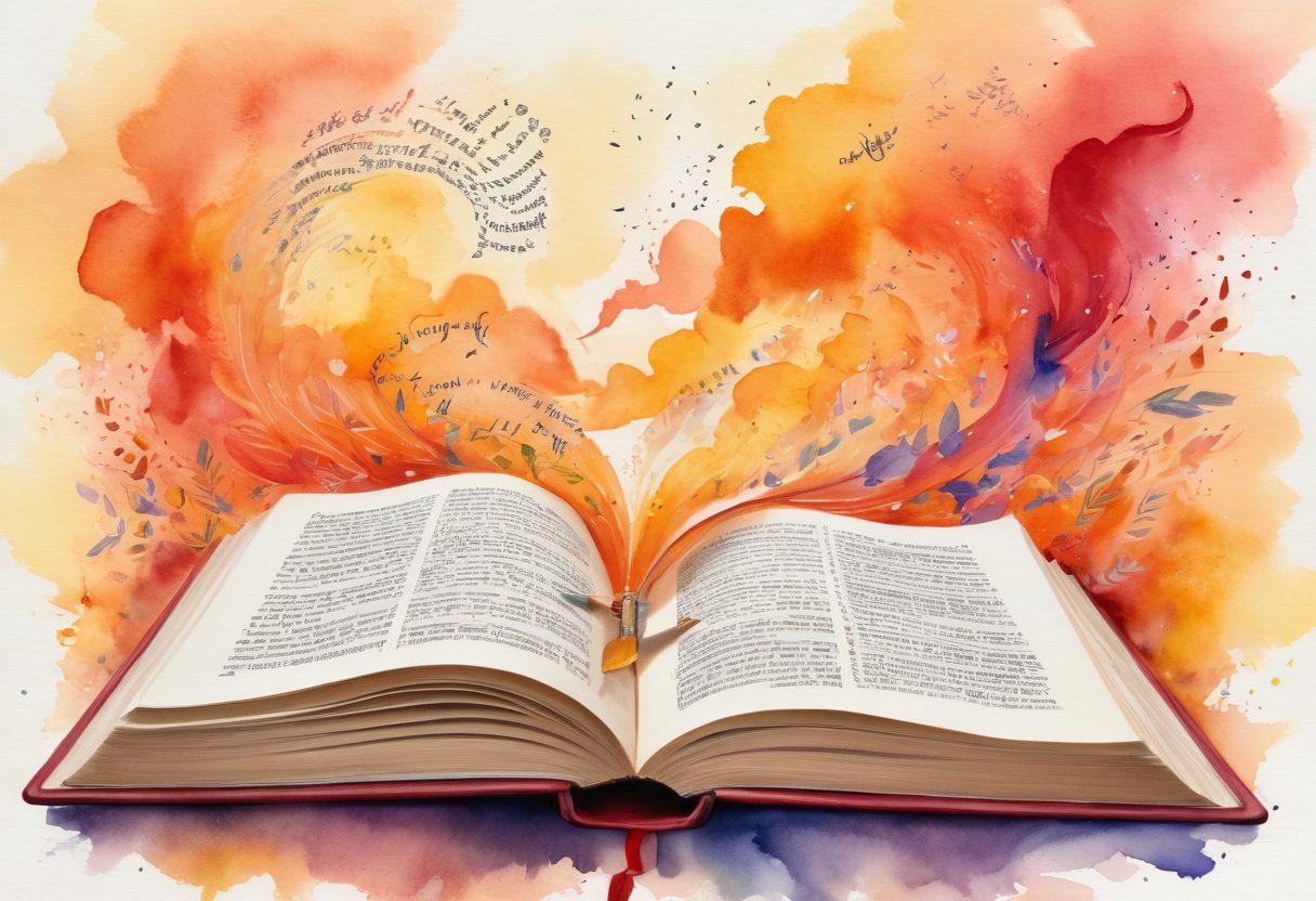An artistic depiction of an open book with colorful letters and words swirling around, creating a vibrant cloud of language. In the background, abstract representations of various writing instruments and art supplies, symbolizing creativity. Warm, inviting colors to evoke inspiration and imagination. Etherial light shining down on the book to create a magical atmosphere. watercolor painting. vibrant colors.