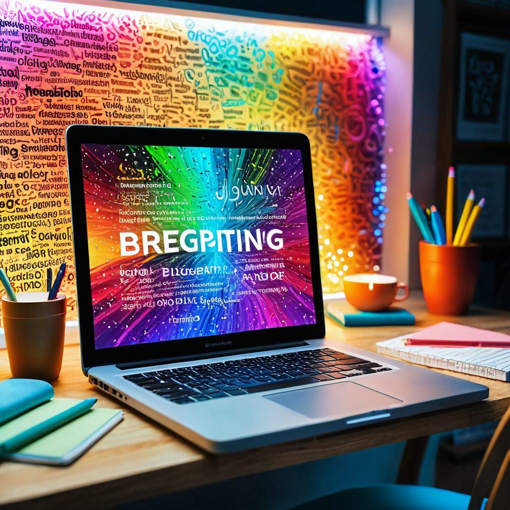 An open thesaurus with colorful, glowing words floating around it, transforming into a vibrant masterpiece of a laptop screen displaying an engaging blog post. In the background, a creative workspace filled with books and stationery. The scene embodies the journey from raw words to expressive blogging success. super-realistic. vibrant colors. engaging composition.